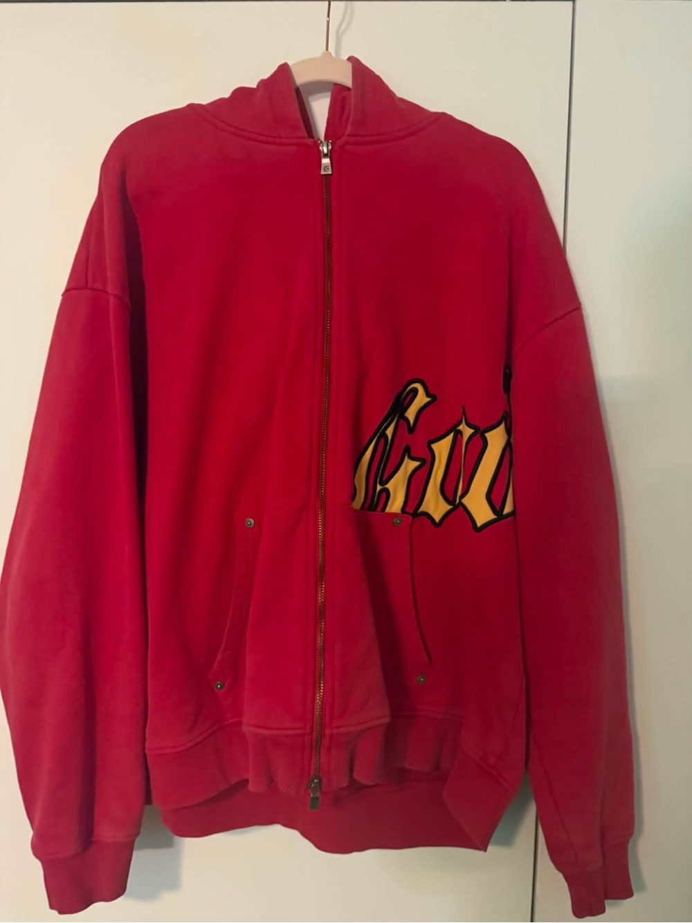 Red Full-Zip Hoodie Jacket with Graphic Detail